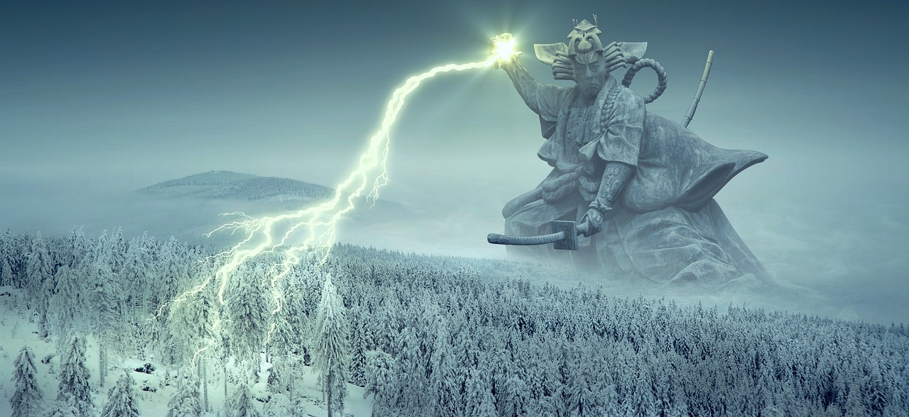Giant ancient Asian figure throwing lightning over frozen forest.