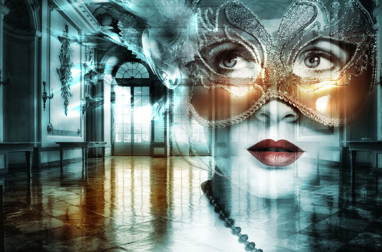 ballroom with the superimposed face of a woman in a mask.